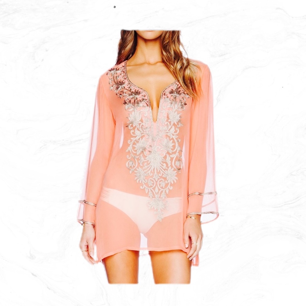 Ella Moss Sheer Embroidered Beach Cover up Tunic